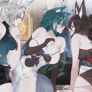 honkai (series), honkai: star rail, hoyoverse, feixiao (honkai: star rail), tingyun (honkai: star rail), yukong (honkai: star rail), baconontheclock, 1futa, 3girls, fox ears, sex, threesome, yuri, tagme