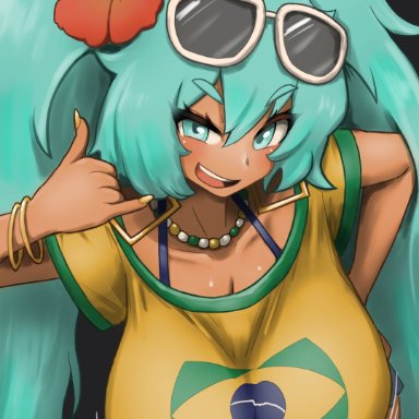 vocaloid, brazilian miku, hatsune miku, artist request, 1girls, ass, big ass, big breasts, big thighs, brazil, brazilian, brazilian female, breasts, butt, cyan eyes