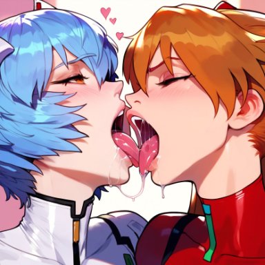 neon genesis evangelion, asuka langley sohryu, rei ayanami, 2girls, blue hair, french kiss, hair ornament, kissing, open mouth, orange hair, saliva, slimpy, tongue out, yuri, ai generated