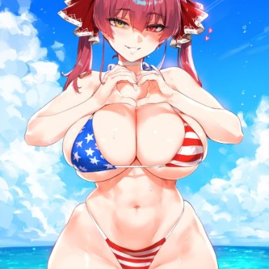 hololive, hololive japan, houshou marine, 1girls, american flag bikini, big breasts, bikini, breasts, female, female only, heart hands, light-skinned female, looking at viewer, only female, pale-skinned female