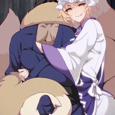 touhou, ran yakumo, buckethead ero, 1boy, 1girls, 9 tails, animal humanoid, bathrobe, bathrobe only, canid, canid humanoid, canine, canine humanoid, caressing, clothing