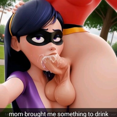 the incredibles, elastigirl, helen parr, violet parr, milk itai, 1futa, big penis, blowjob, cum in mouth, female, futanari, light-skinned female, light-skinned futanari, mature female, milf