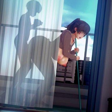 original, original character, tsukasa minami, hongcha03, spidey-dude, bending over, big ass, broom, busty, busty female, cum, cum inside, curtains, from behind, holding camera