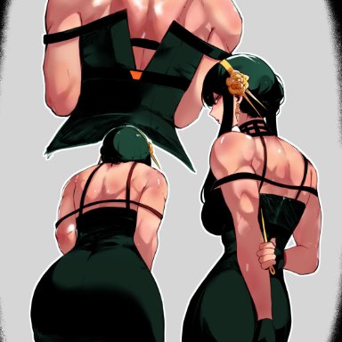 spy x family, thorn princess, yor briar, yor forger, masoq095, 1girls, ass, ass focus, assassin, back muscles, back view, big ass, dress, earrings, female