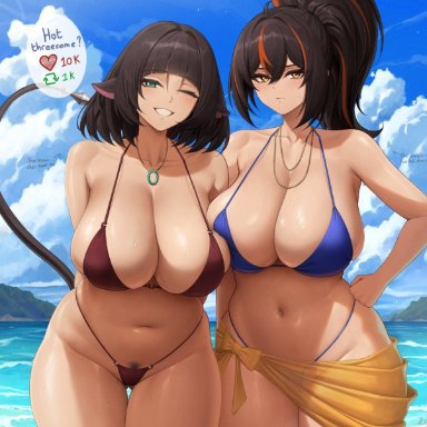 zenless zone zero, jane doe (zenless zone zero), zhu yuan, zaphn, 2girls, animal ears, bikini, black hair, breasts, female, hips, huge breasts, kemonomimi, light skin, light-skinned female