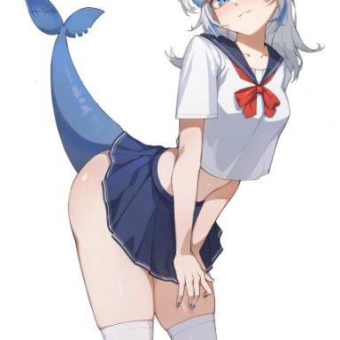 hololive, hololive english, gawr gura, iver (reviolet), alternate costume, blue hair, blue nails, blue skirt, breasts, female, fins, fish tail, grey hair, hair ornament, heart