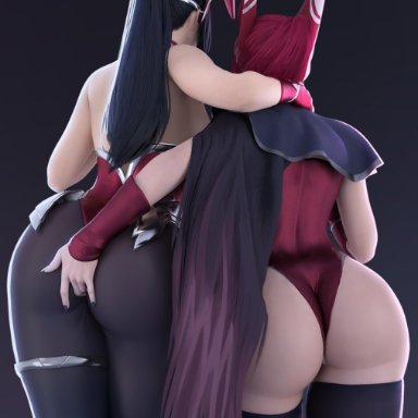 league of legends, irelia xan, xayah, popogori, 2girls, ass grab, back view, big ass, female, female only, huge ass, revealing clothes, skimpy, standing, 3d