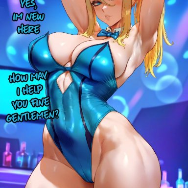 metroid, nintendo, samus aran, zero suit samus, aipotions, 1girls, bare arms, bare shoulders, bare thighs, big breasts, blonde hair, blue eyes, blush, bunny ears, bunnysuit