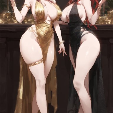 honkai: star rail, himeko (honkai: star rail), kafka (honkai: star rail), murata himeko, foe (artist), 2girls, alcohol, alternative costume, bangs, bare arms, bare legs, bare shoulders, black dress, blush, bracelet