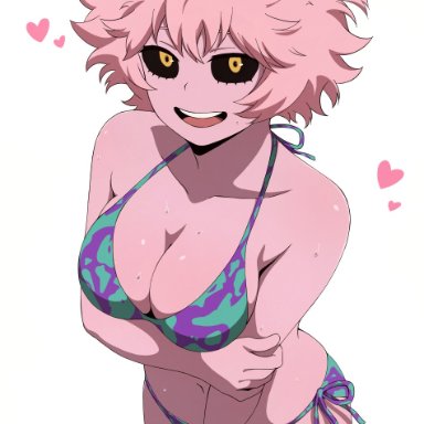 boku no hero academia, my hero academia, mina ashido, tsuranukko, 1girls, bikini, black sclera, blue bikini, breasts, cleavage, colored sclera, colored skin, female, horns, large breasts