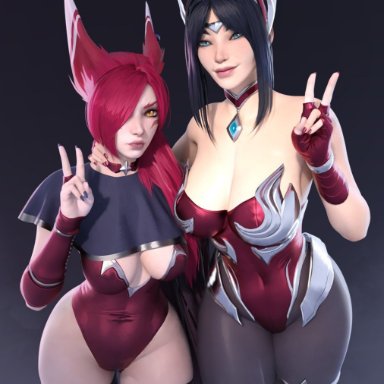 league of legends, irelia xan, vastaya, xayah, popogori, 2girls, bunnysuit, cleavage, female, female only, revealing clothes, skimpy, standing, voluptuous, wide hips