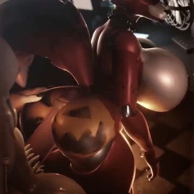 five nights at freddy's, halloween, charley (ray raider), foxy (fnaf), foxy (psychojohn2), abs, anthro, anthro on anthro, anthro only, anthrofied, ass, big ass, big breasts, body paint, breasts