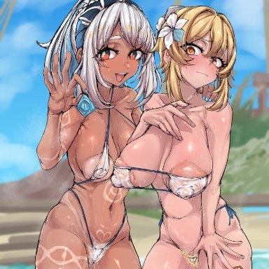 genshin impact, lumine (genshin impact), mualani (genshin impact), masso nullbuilt, 2girls, areola slip, big breasts, bikini, female, micro bikini, pubic hair, non-ai, non-ai generated, non-generated ai, standard resolution