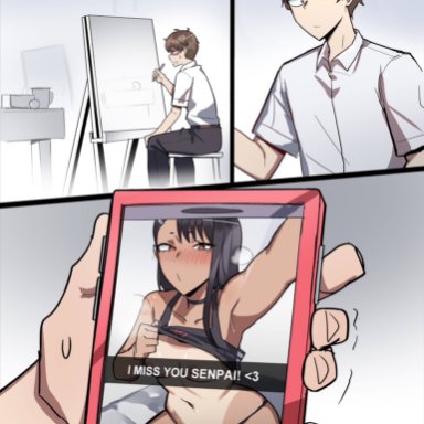 ijiranaide nagatoro-san, please don't bully me, nagatoro, hachiouji naoto, hayase nagatoro, naoto hachioji (senpai), ti keep, 1boy, 1girls, black hair, black thighhighs, breasts, brown eyes, brown hair, canvas (object), cellphone