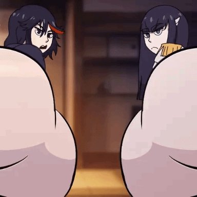 kill la kill, kiryuuin satsuki, matoi ryuuko, asstronsfw, 2girls, ass, ass dough, big ass, big butt, black eyes, black hair, bubble butt, curvaceous teen, dat ass, disgusted look