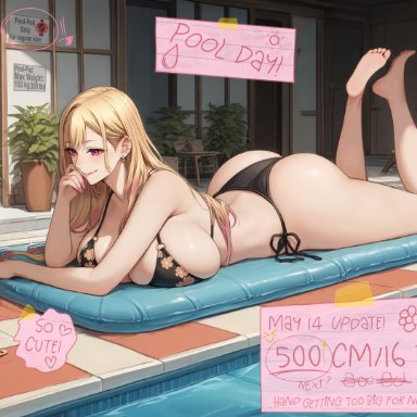 sono bisque doll wa koi wo suru, kitagawa marin, bikini, blonde hair, couple, feet, female, floral print, foot fetish, giantess, growth, gyaru, huge ass, huge breasts, magenta eyes