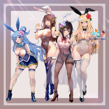 aqua (konosuba), darkness (konosuba), megumin, wiz (konosuba), ayase shichikai, 4girls, ahoge, alternate costume, animal ears, anklet, ass visible through thighs, bare shoulders, black bow, black bowtie, black footwear