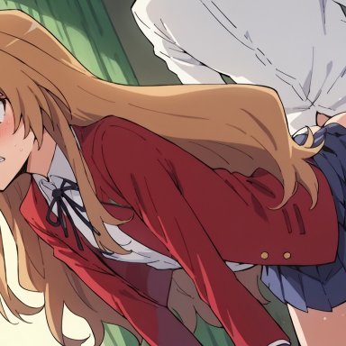 toradora!, aisaka taiga, angry face, ass, bent over, doggy style, school uniform, schoolgirl, secretly loves it, skirt up, smaller female, tsundere, ai generated