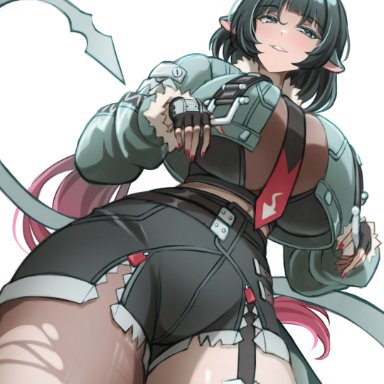 zenless zone zero, jane doe (zenless zone zero), chantatou-hwi, 1girls, animal ears, black gloves, black pantyhose, black shorts, black thighhighs, blunt bangs, breasts, cowboy shot, female, fingerless gloves, fingernails