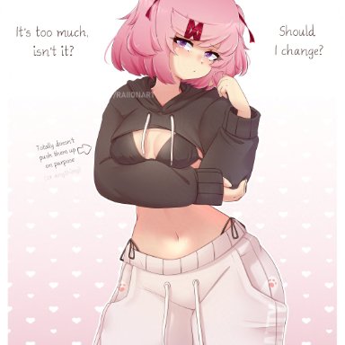 doki doki literature club, raionart, belly button, blush, bob cut, bra, embarrassed, embarrassed female, long sleeves, looking at viewer, nervous, nervous face, petite, petite female, pink hair