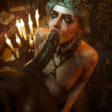 cd projekt red, the witcher (series), the witcher 3: wild hunt, ciri, ceeeeekc, 1boy, 1girls, abs, ashen hair, big penis, blowjob, cock hungry, crown, dark room, dark-skinned male