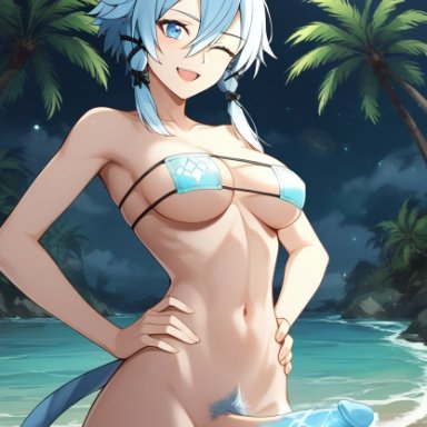 sword art online, sinon, dark cultist, 1futa, animal ear fluff, animal ears, armpits, balls, beach, bikini top, bikini top only, blue hair, bottomless, bottomless futanari, breasts