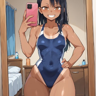 please don't bully me, nagatoro, hayase nagatoro, 1girls, bedroom, black hair, blush, breasts, brown eyes, clothed, clothed female, clothing, curvy hips, female, female only, grin