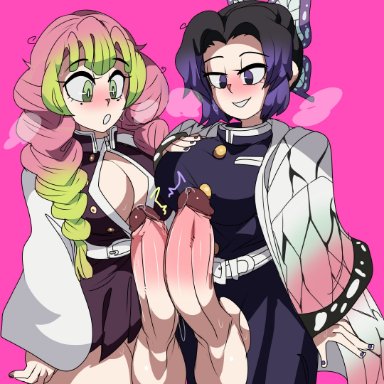 demon slayer, kimetsu no yaiba, kanroji mitsuri, kochou shinobu, captain kirb, 2futas, bangs, clothed, clothing, comparing penis, duo, erection, futa on futa, futa only, futanari