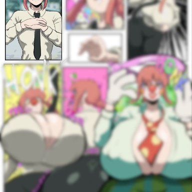 chainsaw man, makima (chainsaw man), lemonfont, merurava, 1female, ass bigger than head, ass expansion, back view, big ass, big breasts, breast expansion, breasts bigger than head, button pop, cleavage, clown