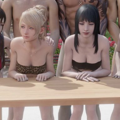 final fantasy, final fantasy xv, aranea highwind, gentiana, iris amicitia, lunafreya nox fleuret, lazyprocrastinator, 4boys, 4girls, backshots, beach, bent over, blonde hair, brown hair, doggy style