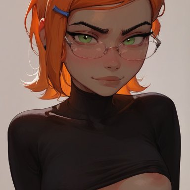 ben 10, gwen tennyson, meat master, 1girls, bob cut, female, female only, glasses, green eyes, looking at viewer, nipples, orange hair, ai generated