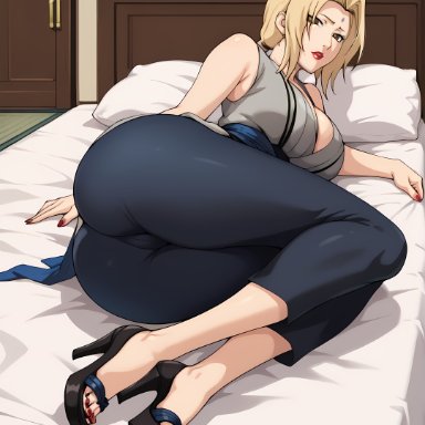 naruto, naruto (classic), naruto (series), naruto shippuden, tsunade, retair18, 1girls, armpits, big ass, big breasts, big butt, big thighs, blonde hair, blue belt, blue pants