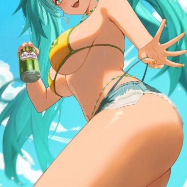 vocaloid, brazilian miku, hatsune miku, anska, 1girls, big breasts, bikini, blush, brazil, brazilian, brazilian female, breasts, denim shorts, drink, female