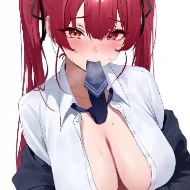 hololive, houshou marine, flawares2d, holika baby, blush, bouncing breasts, breasts, cleavage, female, heterochromia, large breasts, long hair, looking at viewer, red hair, solo