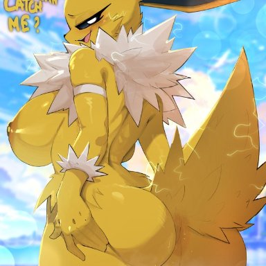 nintendo, pokemon, eeveelution, generation 1 pokemon, jolteon, pokemon (species), ashraely, anthro, anus, ass, big breasts, breasts, female, fur, genitals