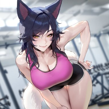 league of legends, riot games, ahri, vastaya, liu (artist), 1female, 1girl, bra, breasts, female, female only, fox ears, fox girl, front view, gym