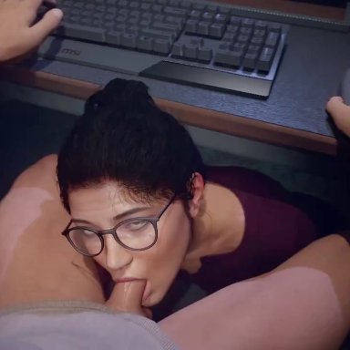 tomb raider, tomb raider (survivor), lara croft, yellowbea, average sized penis, fellatio, female/male, girlfriend, glasses, looking up at partner, loving look, male/female, sucking, sucking penis, while playing videogame