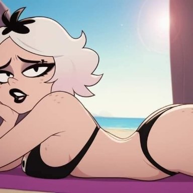 helluva boss, emberlynn pinkle, emberlynn pinkle (human form), artist request, 1girls, ass, beach, beach towel, black hair, booty, breasts, chubby, chubby female, dyed hair, fat ass