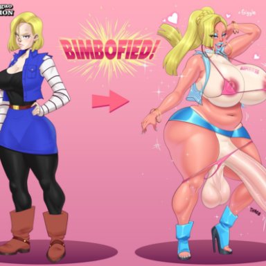 dragon ball, dragon ball z, android 18, blazinahegao, 1futa, 1girls, ass expansion, balls expansion, bimbo, bimbofication, breast expansion, erection, female, female to futa, futanari