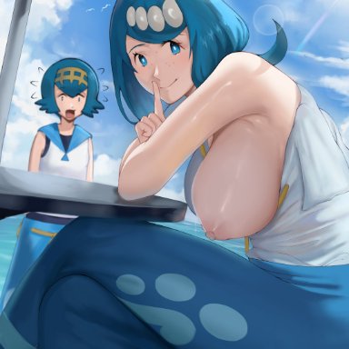 creatures (company), game freak, nintendo, pokemon, pokemon sm, lana (pokemon), lana's mother (pokemon), magdalenus27, 2girls, armpits, bare shoulders, beach, blue eyes, blue hair, blue sailor collar