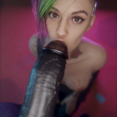 cyberpunk 2077, judy alvarez, vekkte, 1girls, big breasts, big penis, dark-skinned male, eyeliner, green hair, interracial, kissing penis, light-skinned female, looking at viewer, tattoo, 3d