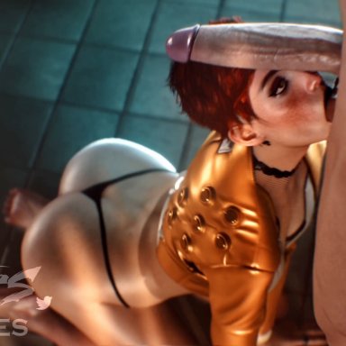 cyberpunk 2077, aurore cassel, nithes, 1boy, 1girls, bathroom, big ass, big penis, black lipstick, blowjob, blowjob face, cyberpunk, freckles, on knees, red hair