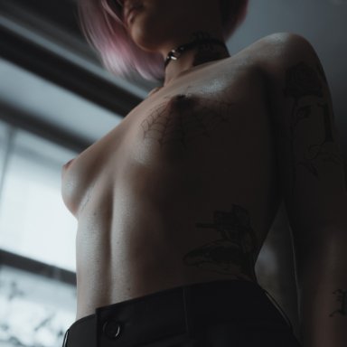 cd projekt red, cyberpunk 2077, judy alvarez, ecksoh, 1girls, areolae, breasts, choker, closed eyes, collarbone, female, female only, fit female, from below, indoors