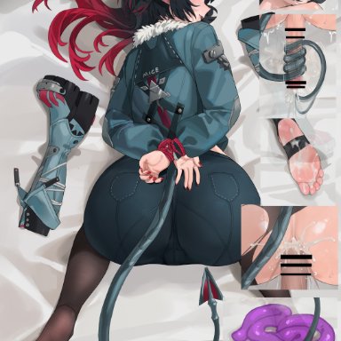 zenless zone zero, jane doe (zenless zone zero), chuck (harfmoondark), 1dickgirl, ahe gao, all fours, anal, animal ear piercing, animal ears, arms behind back, ass, bed sheet, black hair, black pantyhose, boots