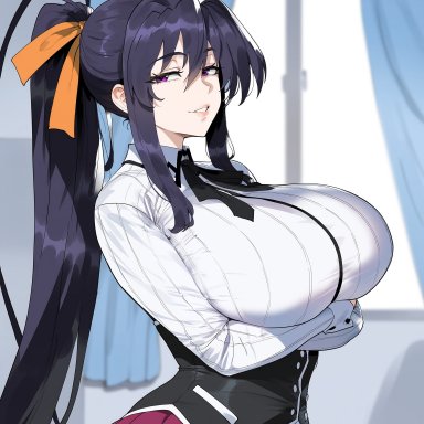 high school dxd, akeno himejima, creamy ai, arms under breasts, curvy, huge breasts, long hair, narrow waist, purple eyes, purple hair, school uniform, upper body, wide hips, ai generated