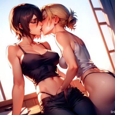 attack on titan, shingeki no kyojin, annie leonhardt, mikasa ackerman, a1exwell, 2girls, crop top, fingering, fingering under clothes, hand in panties, hand in pants, hand under clothes, kissing, masturbation, masturbation under clothes