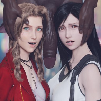 final fantasy, final fantasy vii, final fantasy vii remake, aerith gainsborough, tifa lockhart, derpderp, 1boy, 2girls, big penis, black hair, brown hair, cock worship, dark skin, dark-skinned male, green eyes