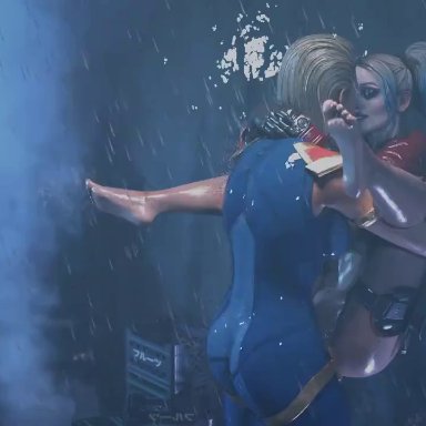 dc, dc comics, injustice 2, harleen quinzel, harley quinn, harley quinn (injustice), kara zor-el, karen starr, supergirl, supergirl (injustice), toughcookiesv, 1futa, 1girls, against wall, ass