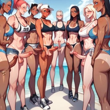 lewdunari, 8futas, abs, beach, big balls, big dom small sub, big penis, blonde hair, blue hair, cap, clothed, cock, dark skin, dark-skinned futanari, erect penis