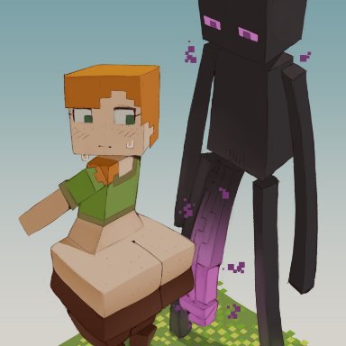 minecraft, alex (minecraft), enderman, forastero, 1boy, 1girls, ass bigger than head, ass bigger than torso, glowing penis, huge ass, huge cock, large ass, large penis, long penis, looking down at penis